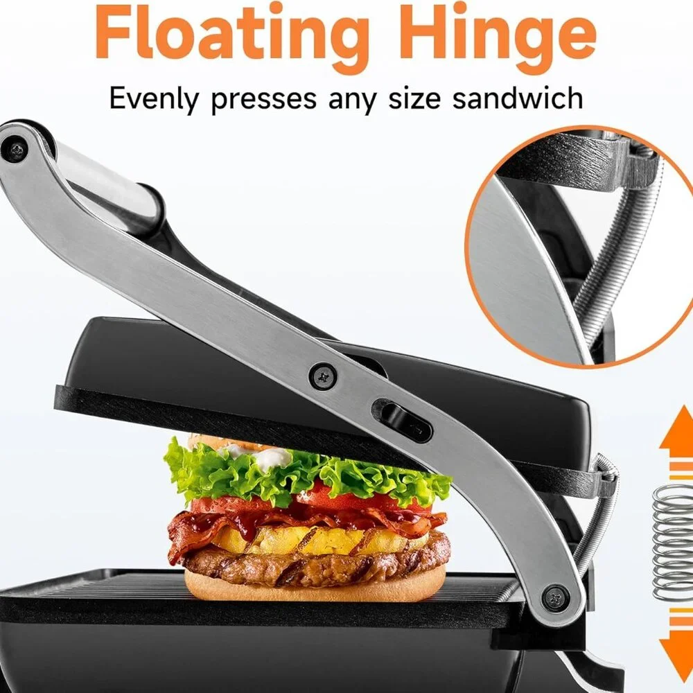 SUSTEAS Electric Panini Grill Non-Stick Plates 180° Open Floating Hinge SL-107A